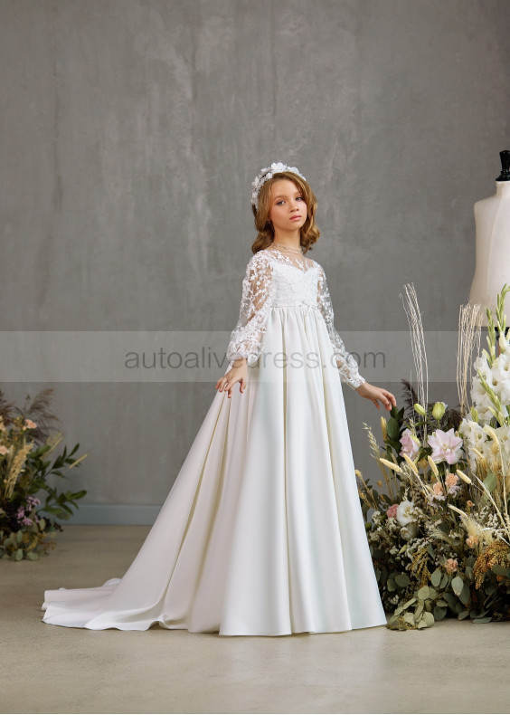 Beaded Ivory Lace Satin Flower Girl Dress With Bow
